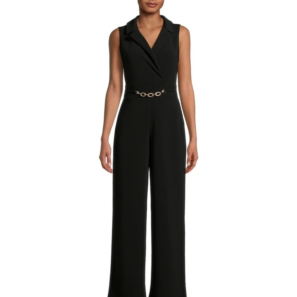 Black Sleeveless Wide-Leg Jumpsuit with Gold Chain Belt